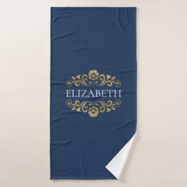 Elegant Monogram Navy Blue Gold Bath Towel Badhanddoek