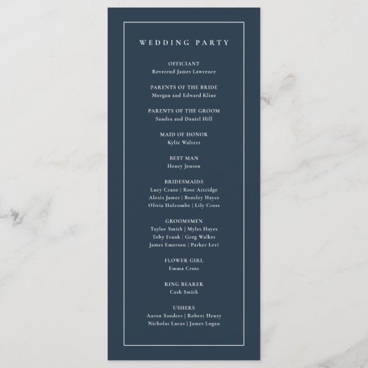 Elegant Monogram Navy Blue Trouwfeest Programmakaart (Achterkant)