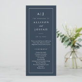 Elegant Monogram Navy Blue Trouwfeest Programmakaart (Staand voorkant)