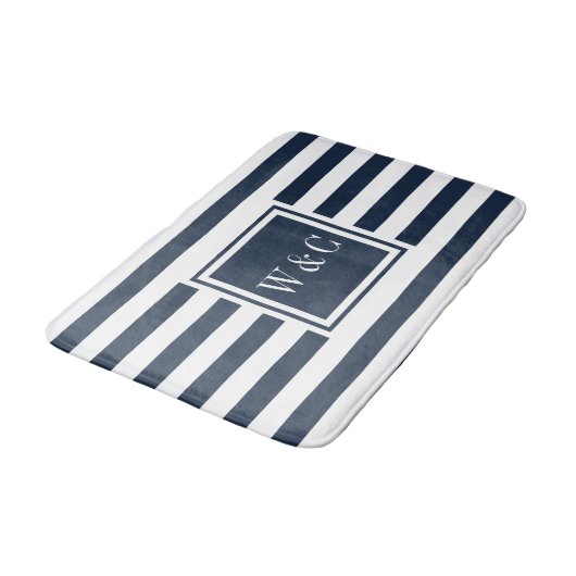 Elegant Monogram Navy Blue White Stripe Badmat (Gekanteld)