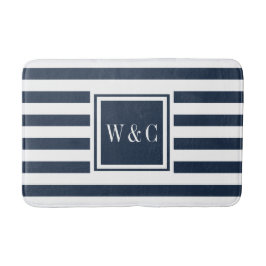 Elegant Monogram Navy Blue White Stripe Badmat