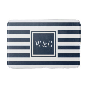 Elegant Monogram Navy Blue White Stripe Badmat