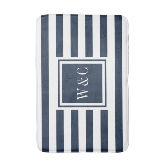 Elegant Monogram Navy Blue White Stripe Badmat (Voorkant Verticaal)