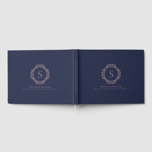 Elegant Monogram Navy Blush Bruiloft Modern Gastenboek (Volledig)