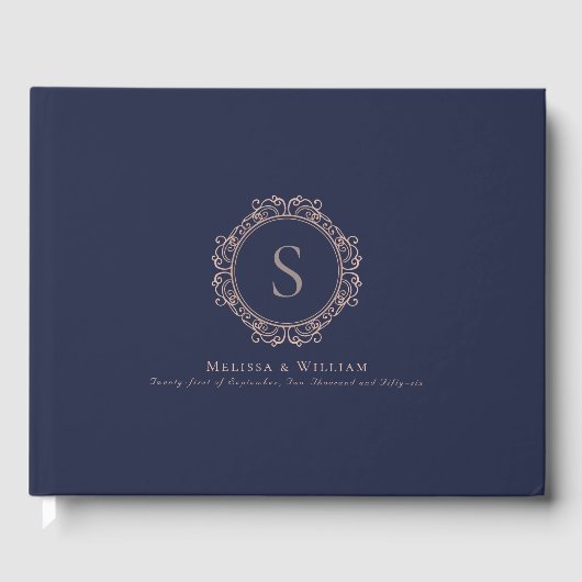 Elegant Monogram Navy Blush Bruiloft Modern Gastenboek (Voorkant)