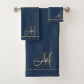 Elegant Monogram Navy Gold Script Name  Bad Handdoek (Insitu)