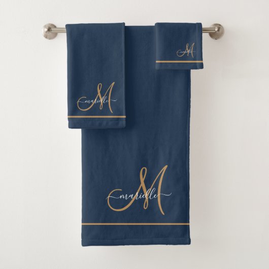 Elegant Monogram Navy Gold Script Name  Bad Handdoek (Insitu)