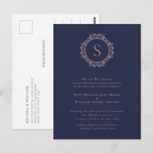 Elegant Monogram Navy Wedding Invitation Briefkaart (Voorkant / Achterkant)
