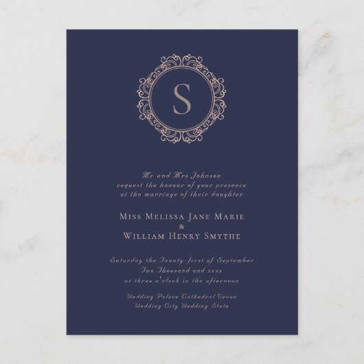 Elegant Monogram Navy Wedding Invitation Briefkaart (Voorkant)