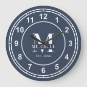 Elegant Monogram Navyblauw Eigen Familienaam Grote Klok (Voorkant)
