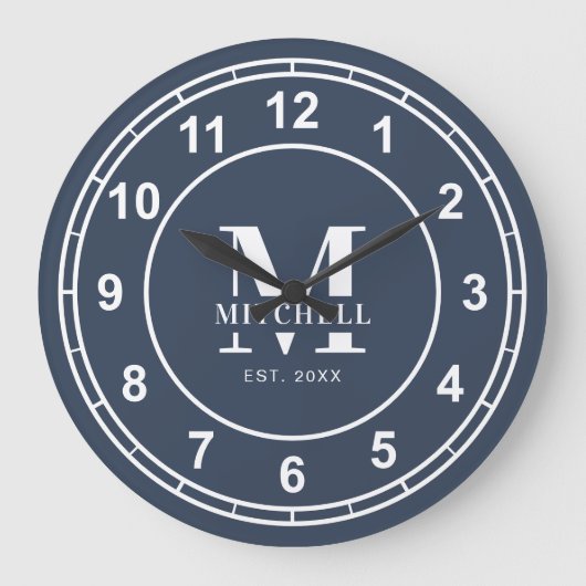 Elegant Monogram Navyblauw Naam van het gezin op m Grote Klok (Voorkant)