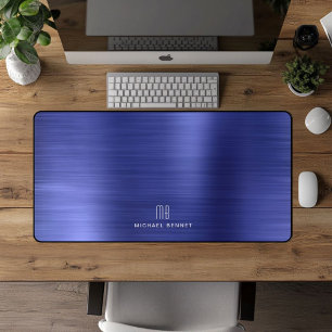 Elegant Monogram Nep Navy Blau Geborsteld Metaal Bureaumat