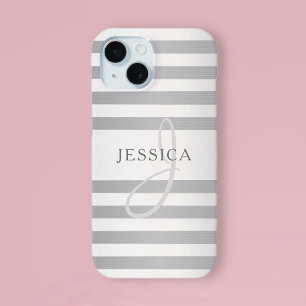 Elegant Monogram Nep Zilveren Verloop Grijze Strep iPhone 15 Case