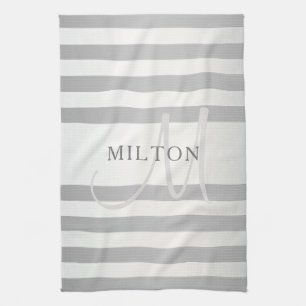 Elegant Monogram Nep Zilveren Verlopend Grijs Stre Theedoek