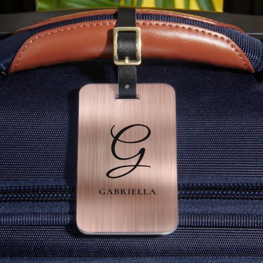 Elegant Monogram Nepaleis Geborsteld Metaal Roze G Bagagelabel (Voorkant Insitu 2)