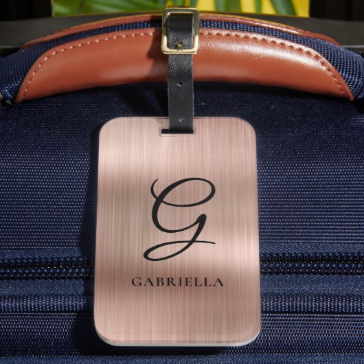 Elegant Monogram Nepaleis Geborsteld Metaal Roze G Bagagelabel (Voorkant Insitu 2)