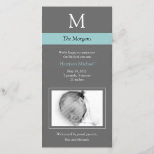 Elegant Monogram Nieuwe Baby Fotokaart - Grijs/Bla Aankondiging