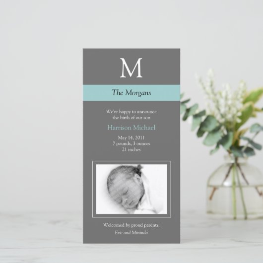 Elegant Monogram Nieuwe Baby Fotokaart - Grijs/Bla Aankondiging (Staand voorkant)