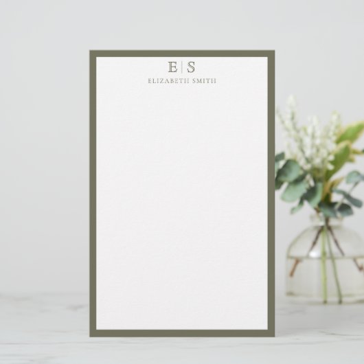 Elegant Monogram Olive Green Border Briefpapier (Staand voorkant)