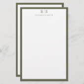 Elegant Monogram Olive Green Border Briefpapier (Voorkant / Achterkant)