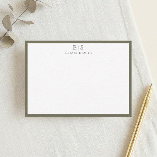 Elegant Monogram Olive Green Border Notitiekaartje