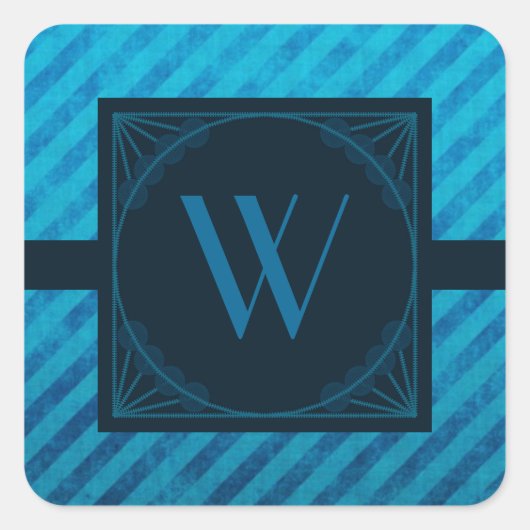 Elegant monogram op blauwe diagonale strepen vierkante sticker (Voorkant)