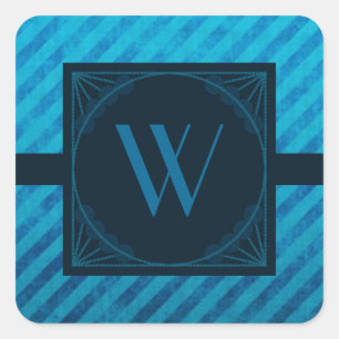 Elegant monogram op blauwe diagonale strepen vierkante sticker