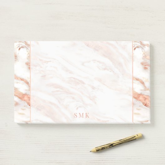 Elegant Monogram op Chic Copper Roos Goud Marmer Post-it® Notes (Op bureau)
