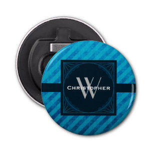 Elegant Monogram op een Blue Art Deco Square Button Flesopener