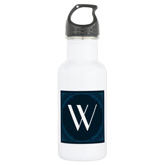 Elegant Monogram op een Blue Art Deco Square Waterfles (Voorkant)