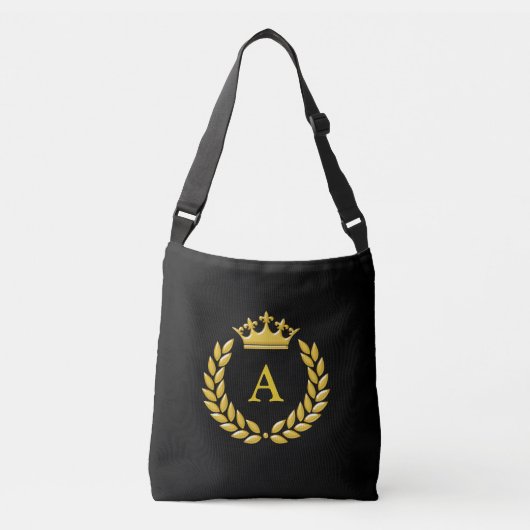 Elegant Monogram op Golden Crown & Laurel op Black Crossbody Tas (Voorkant)