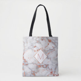 Elegant monogram op roos goud en grijs marmer tote bag