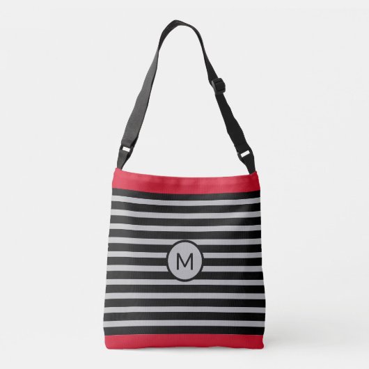 Elegant monogram op zwart, rood en zilver gestript crossbody tas (Achterkant)