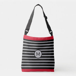 Elegant monogram op zwart, rood en zilver gestript crossbody tas