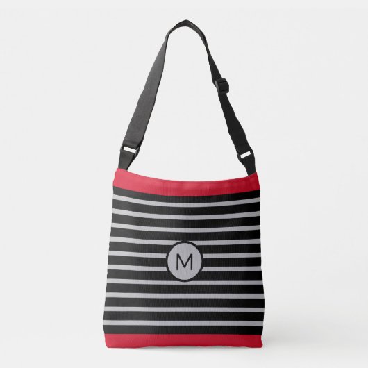 Elegant monogram op zwart, rood en zilver gestript crossbody tas (Voorkant)