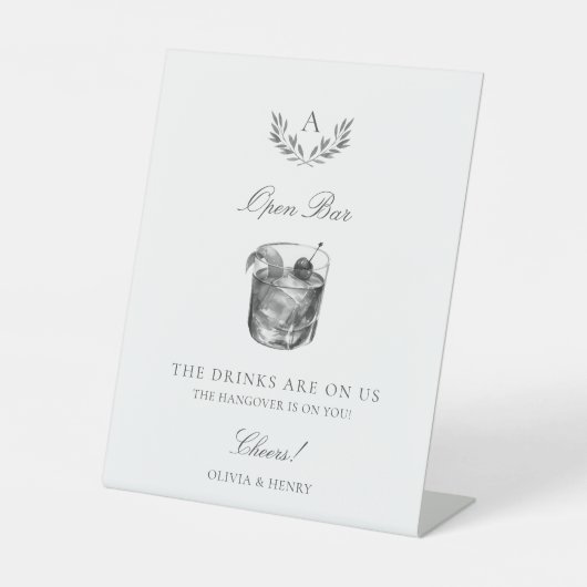 Elegant Monogram Open Bar Bruiloft Reclamebord Met Voetstuk (Voorkant)