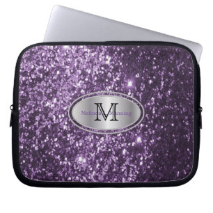 Elegant Monogram Paars Glitter en Silver Laptop Sleeve