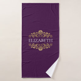 Elegant Monogram Paars Gold Bath Towel Badhanddoek