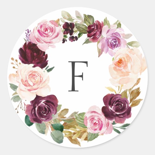 Elegant Monogram Paars Herfst Floral Wedding Ronde Sticker (Voorkant)