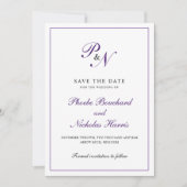 Elegant Monogram Paars Plechtige bruiloft Save The Date (Voorkant)