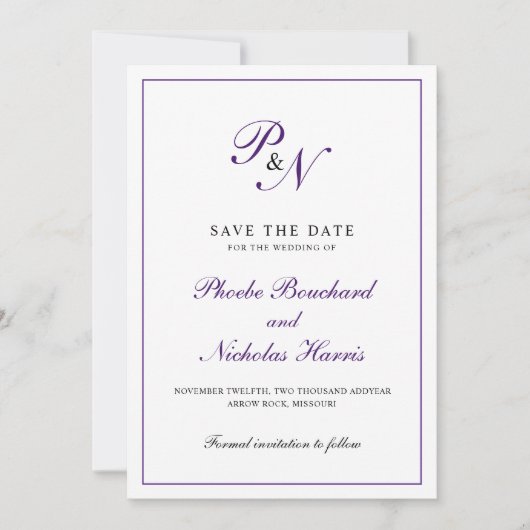 Elegant Monogram Paars Plechtige bruiloft Save The Date (Voorkant)