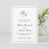 Elegant Monogram Paars Plechtige bruiloft Save The Date (Staand voorkant)