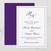 Elegant Monogram Paars Plechtige bruiloft Save The Date (Voorkant / Achterkant)