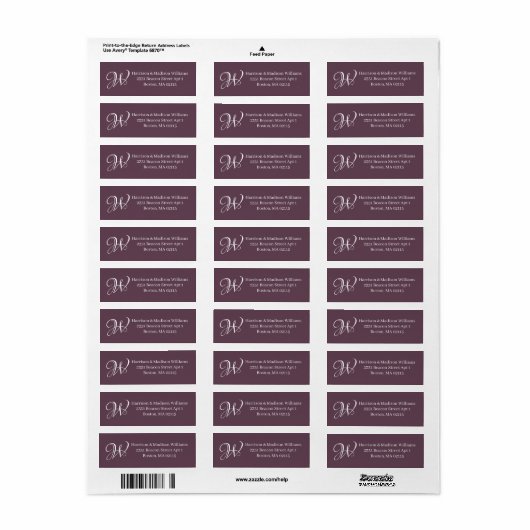 Elegant Monogram paars terugkeeradres Etiket (Full Sheet)