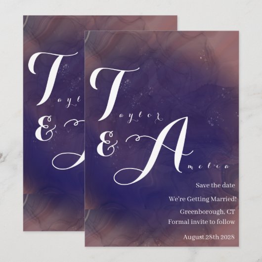 Elegant Monogram Paars Wedding Save The Date (Voorkant / Achterkant)