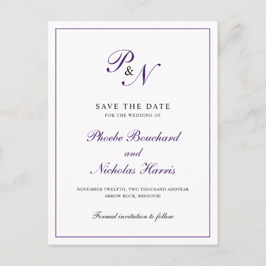 Elegant Monogram Paars Wedding Save the Date Aankondigingskaart (Voorkant)