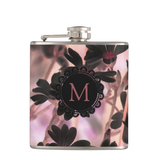 Elegant Monogram Paarse Bloemen Heupfles (Voorkant)