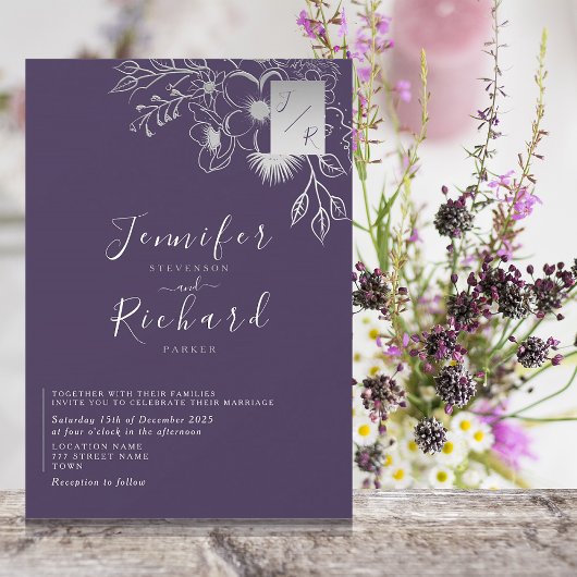 Elegant Monogram Paarse Bruiloft Kaart