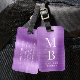 Elegant monogram Paarse geborsteld metallic Bagagelabel