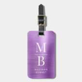 Elegant monogram Paarse geborsteld metallic Bagagelabel (Voorkant verticaal)